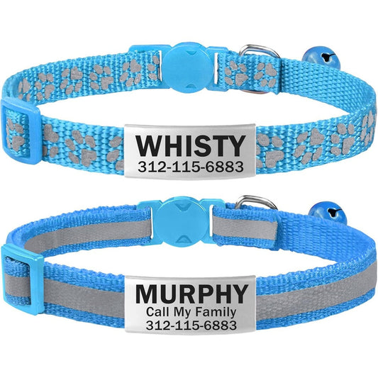 TagME 2 Pack Personalized Reflective Cat Collar With Engraved Stainless Steel Name Tag And Breakaway Buckle For Kitten And Adult Cat, SkyBlue