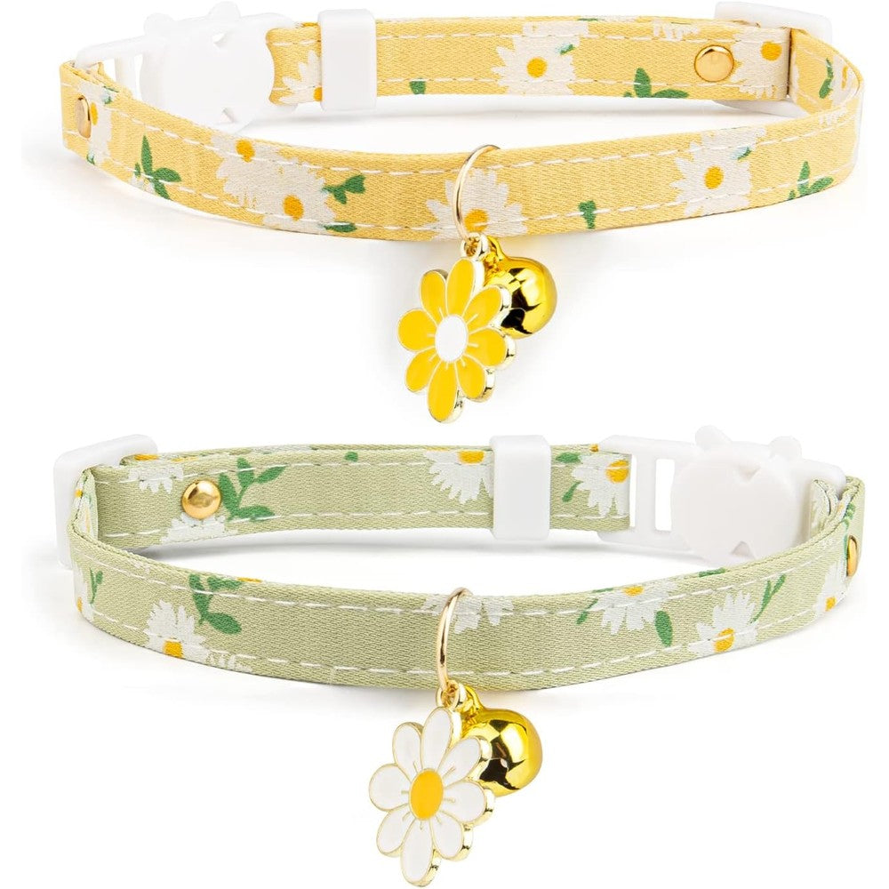 Liugjiau 2 Pack Cotton Breakaway Cat Collar With Bell Yellow And Green Flowers Pendant Cute Kitten Collar For Girl And Boy Cats Adjustable Size