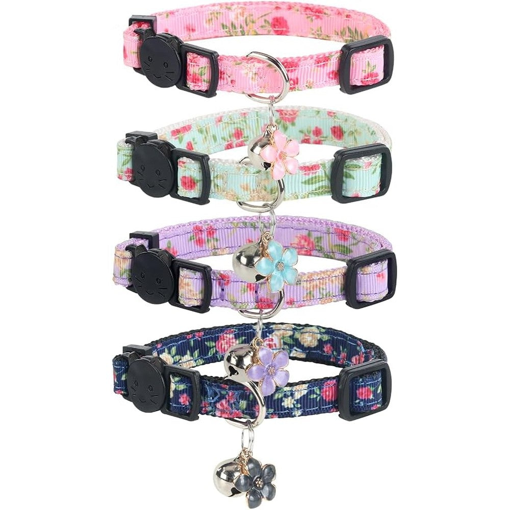 Yizepet Breakaway Cat Collar With Bell And Cute Floral Design 4 Pack Safety Adjustable Kitten Collars Multicolor Set