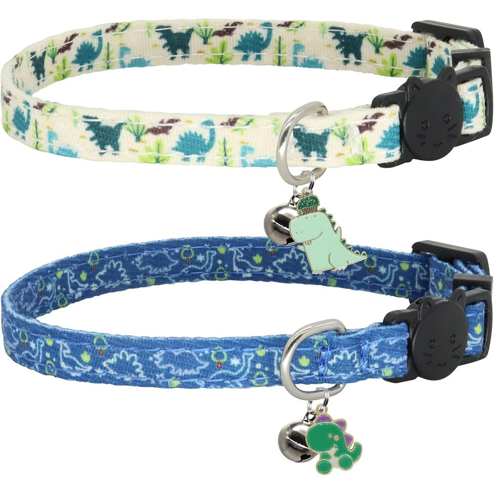 Giecooh Breakaway Cat Collar Two Pack Cotton Kitten Collars With Bells And Removable Dinosaur Charms Adjustable Seven To Eleven Inches