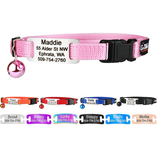 GoTags Personalized Cat Collar With Engraved Stainless Steel Nameplate Breakaway Safety Buckle And Bell For Cats And Kittens Pink