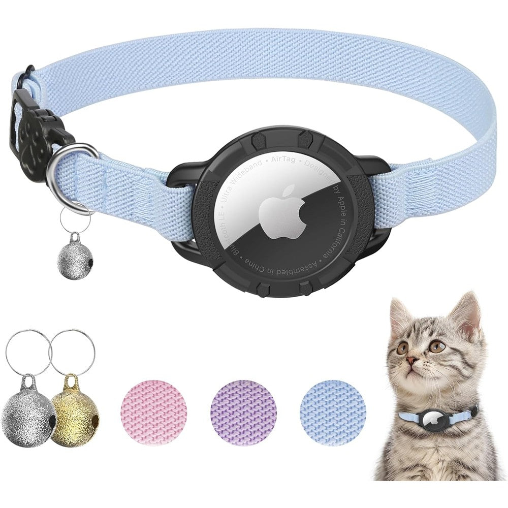 Typecase AirTag Cat Collar Stretchy Safety Tracking Collar With Apple AirTag Holder And Bell For Cats And Puppies Light Blue Seven Point Five To Tw...