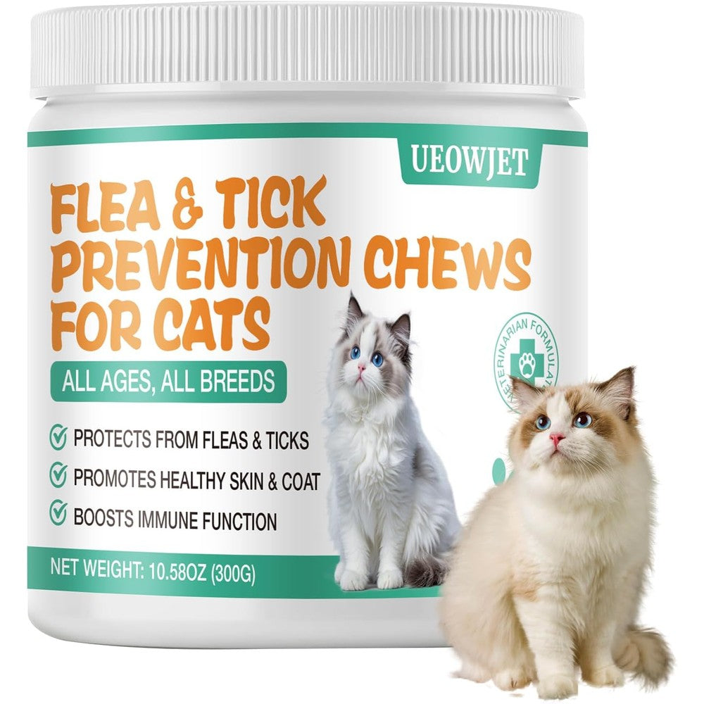 UEOWJET Natural Flea And Tick Prevention Supplement For Large And Small Cats Immune Support Chewable Tablets With Vitamins 60 Count