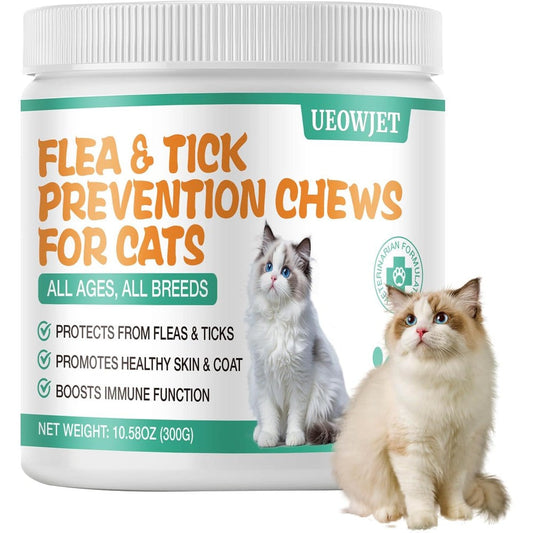 UEOWJET Natural Flea And Tick Prevention Supplement For Large And Small Cats Immune Support Chewable Tablets With Vitamins 60 Count