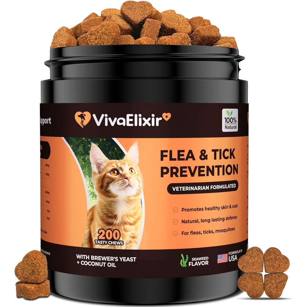 VivaElixir Flea And Tick Treatment For Cats Natural Prevention Chewable Supplement With Brewers Yeast And Coconut Oil For Skin Coat Health Two Hund...