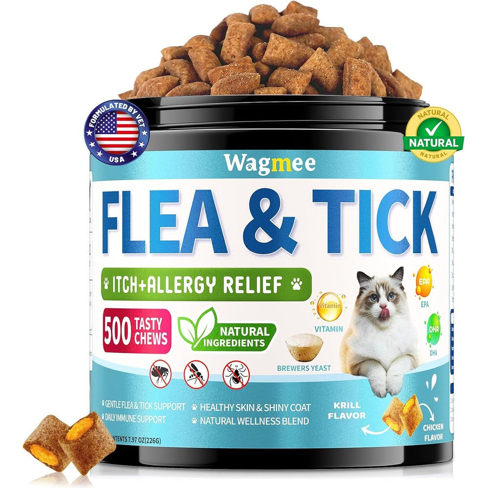 Wagmee Natural Cat Flea Treatment Chewables For Flea And Tick Prevention With Skin And Coat Support Daily Supplement Chicken Flavor 500 Count