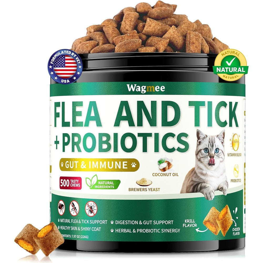 UEOWJET Wagmee Flea and Tick Prevention for Cats and Kittens Crunchy and Creamy Chicken Flavor Chewable Supplement 500 Count