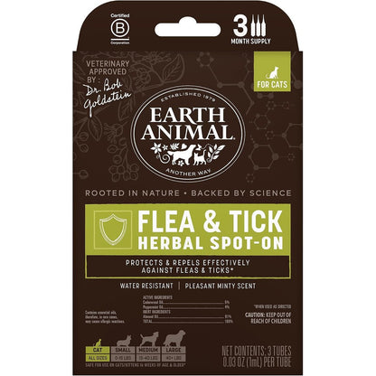 Earth Animal Apothecary Natural Flea and Tick Herbal Spot On for Cats front packaging showing USA imported pest prevention