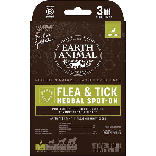 Earth Animal Apothecary Natural Flea and Tick Herbal Spot On for Cats front packaging showing USA imported pest prevention