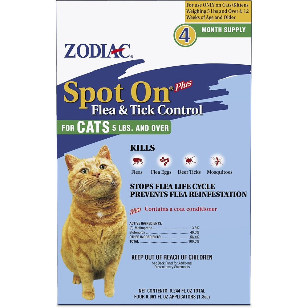 Zodiac Spot On Plus Flea and Tick Control for Cats front view of the packaging highlighting the four month supply details.