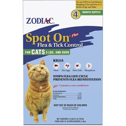 Zodiac Spot On Plus Flea and Tick Control for Cats front view of the packaging highlighting the four month supply details.