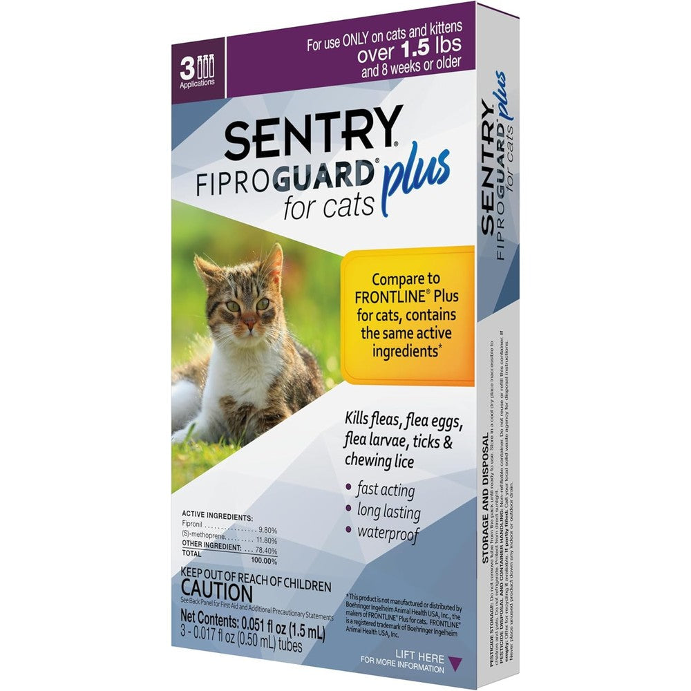 Sentry Fiproguard Plus for Cats front view packaging showing the three month supply.