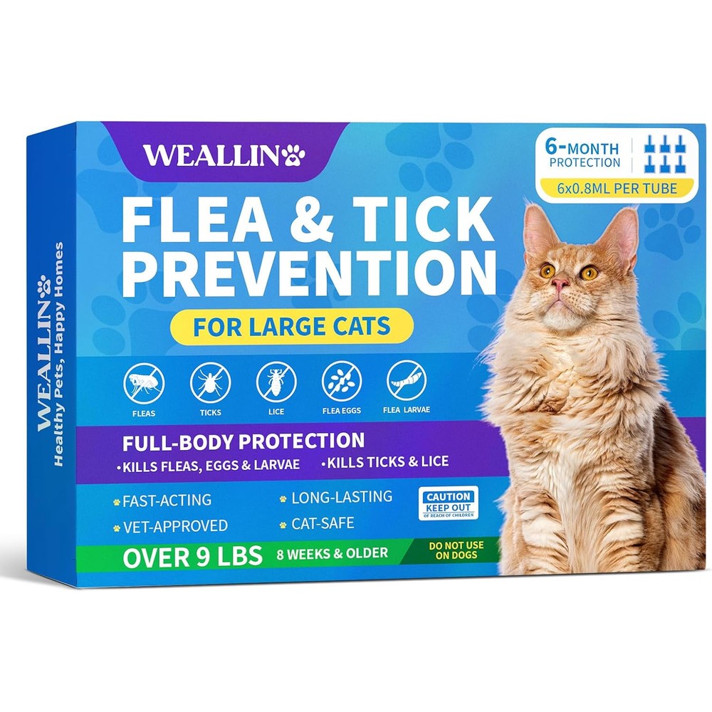 WEALLIN flea and tick prevention for large cats front packaging view showing six doses.