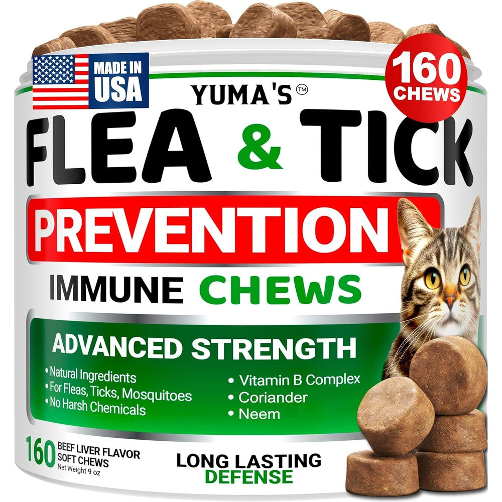 YUMA'S Flea Treatment for Cats bottle front view showing 160 soft treats packaging.