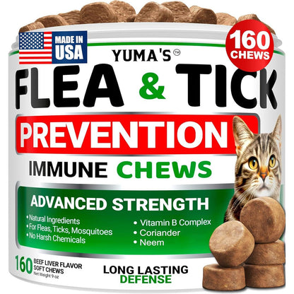 YUMA'S Flea Treatment for Cats bottle front view showing 160 soft treats packaging.