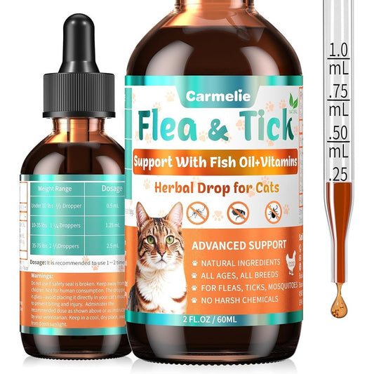 Carmelie natural flea and tick prevention liquid drops for cats front bottle view