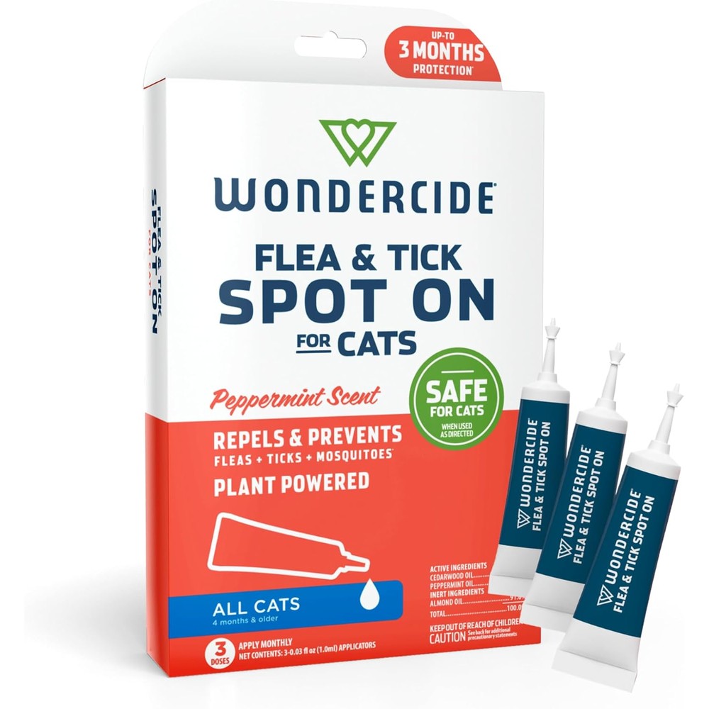 Wondercide Flea and Tick Cat Spot On front packaging view showing natural pest repellent for cats.