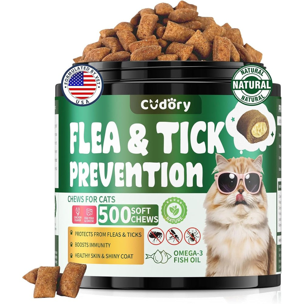Cudory flea and tick prevention for cats 500 chews container front view showcasing the natural chicken flavor label.
