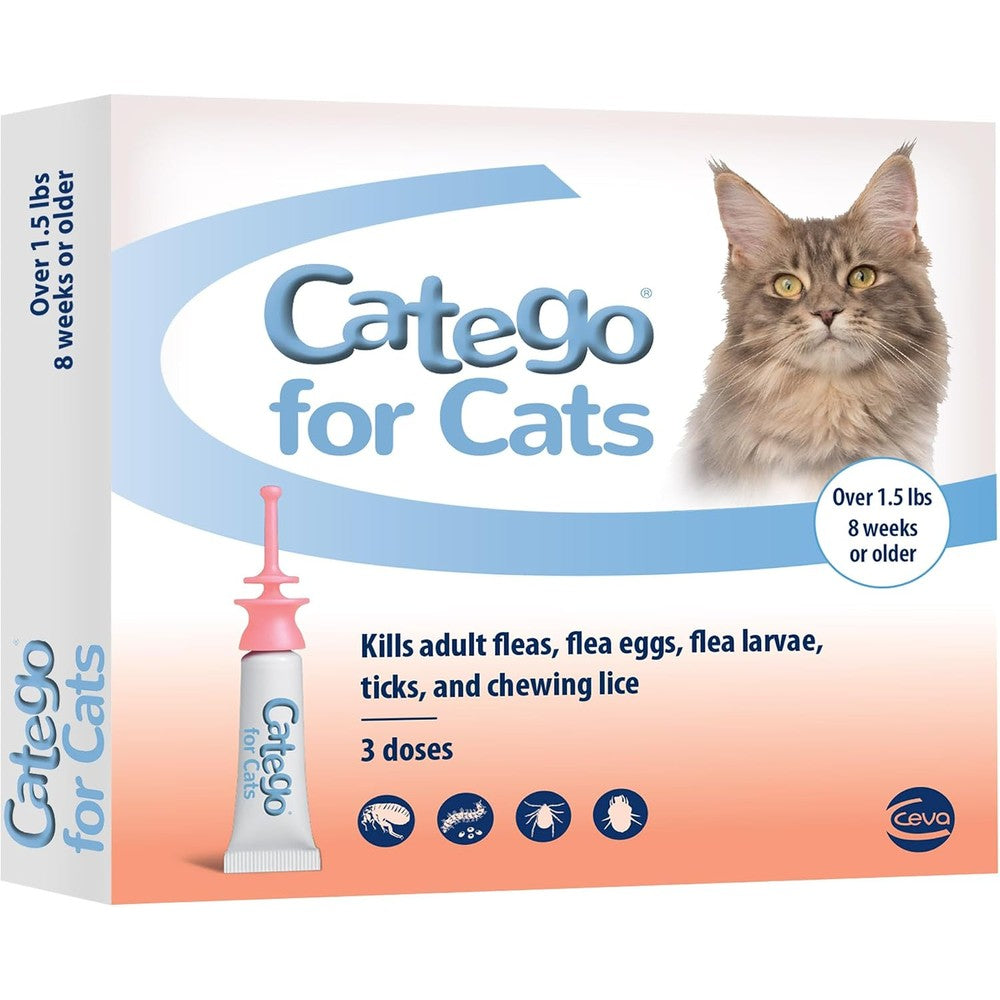 Catego flea and tick prevention for cats front packaging view showing three month supply topical drops