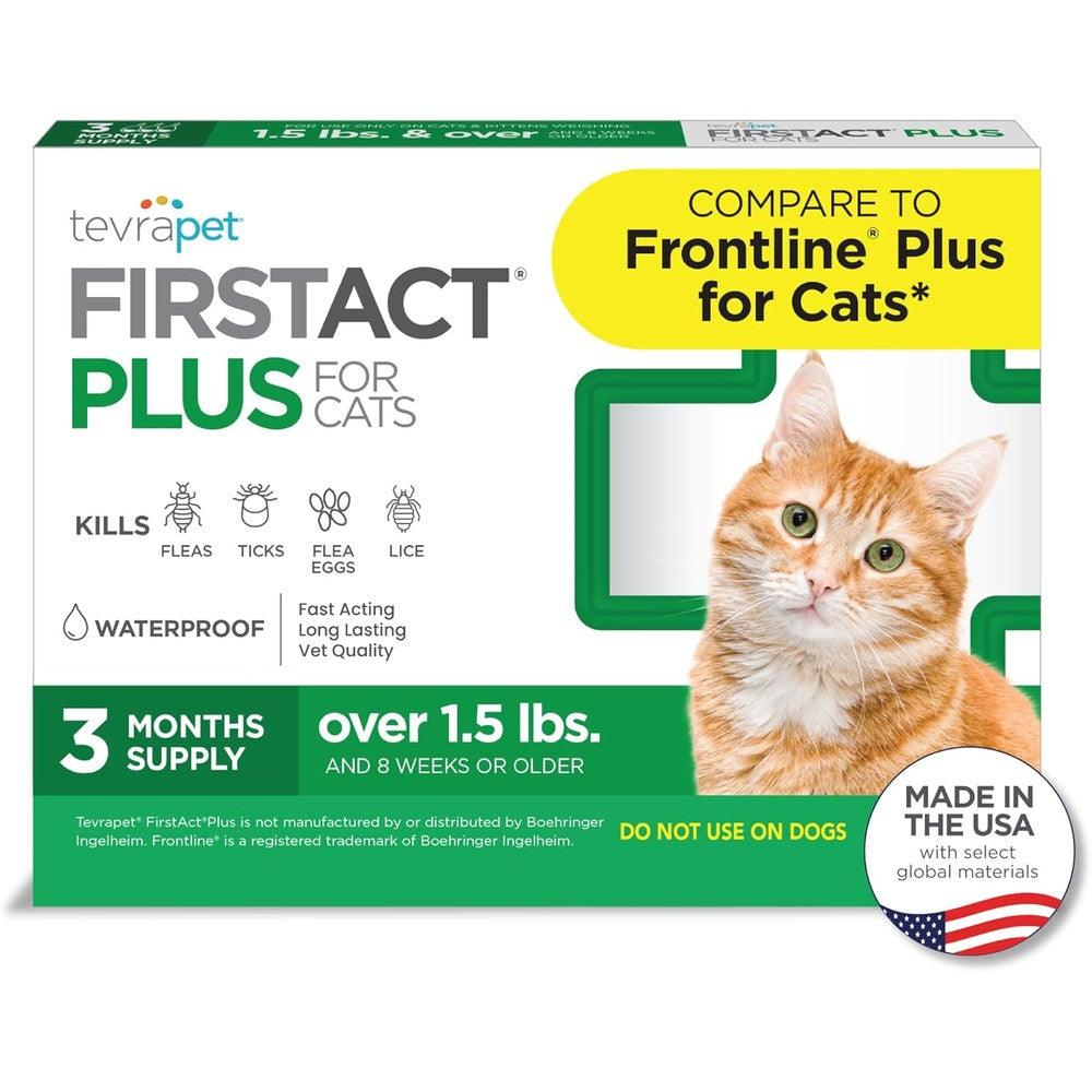 TevraPet FirstAct Plus Flea and Tick Topical for Cats package front view showing three monthly doses.