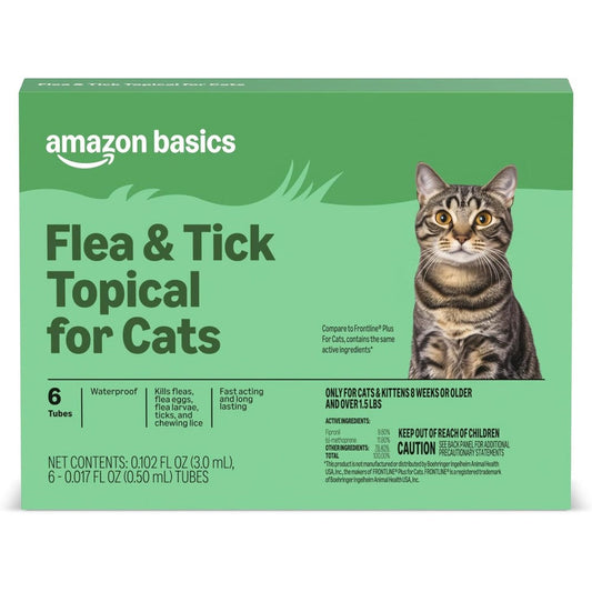 Amazon Basics preventative flea and tick topical treatment for cats front packaging view