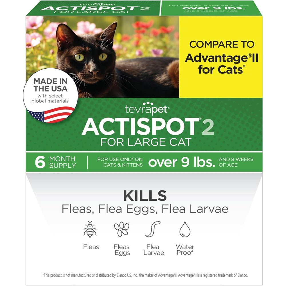 TevraPet Actispot II Flea Treatment for Large Cats front packaging view showcasing six monthly doses