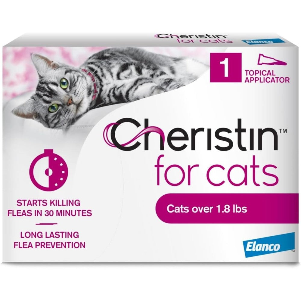 Cheristin Flea Treatment for Cats front view packaging showing fast acting topical formula