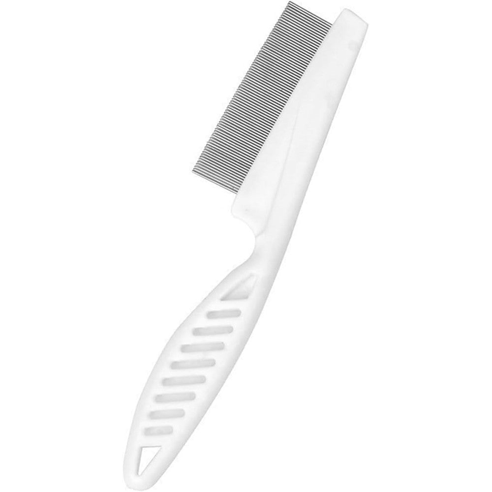 Alysisa cat grooming comb front view showing fine stainless steel teeth for indoor pet flea removal.