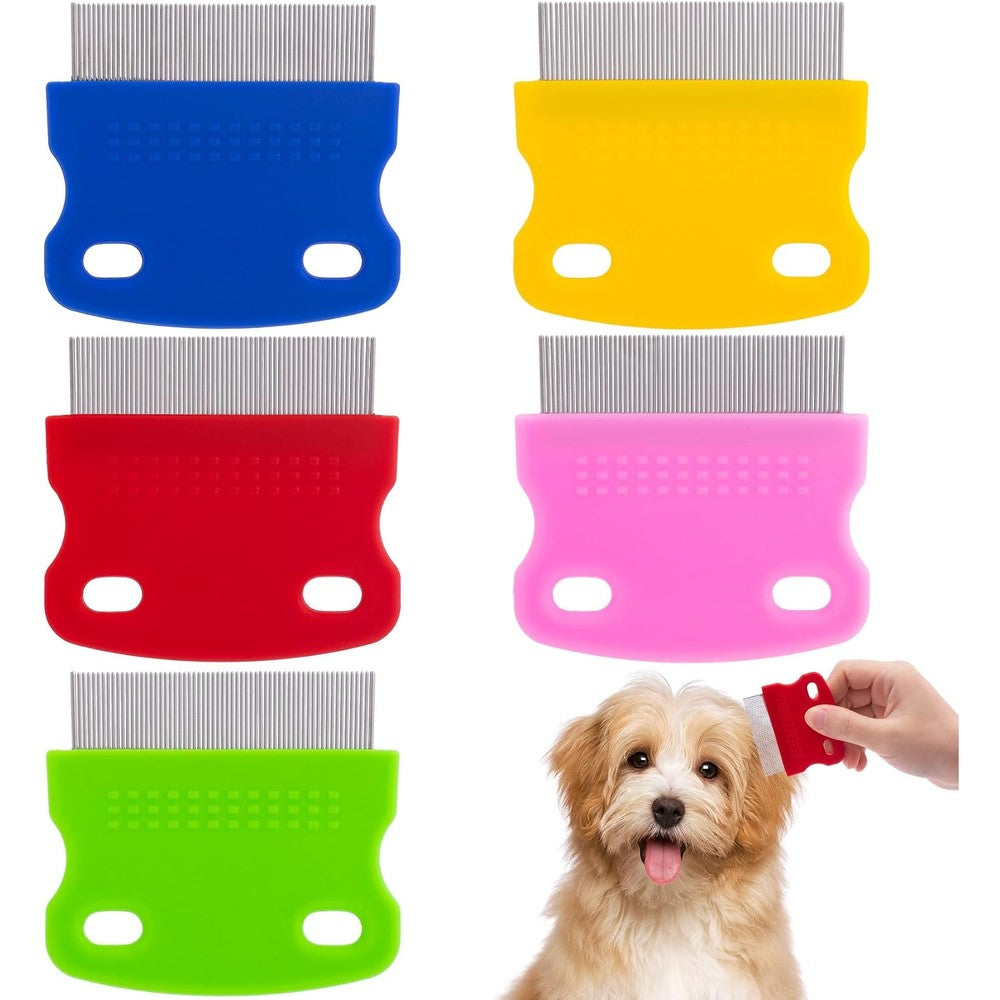 YALOJE five piece pet flea comb set front view showing five vibrant colors for dog and cat grooming.