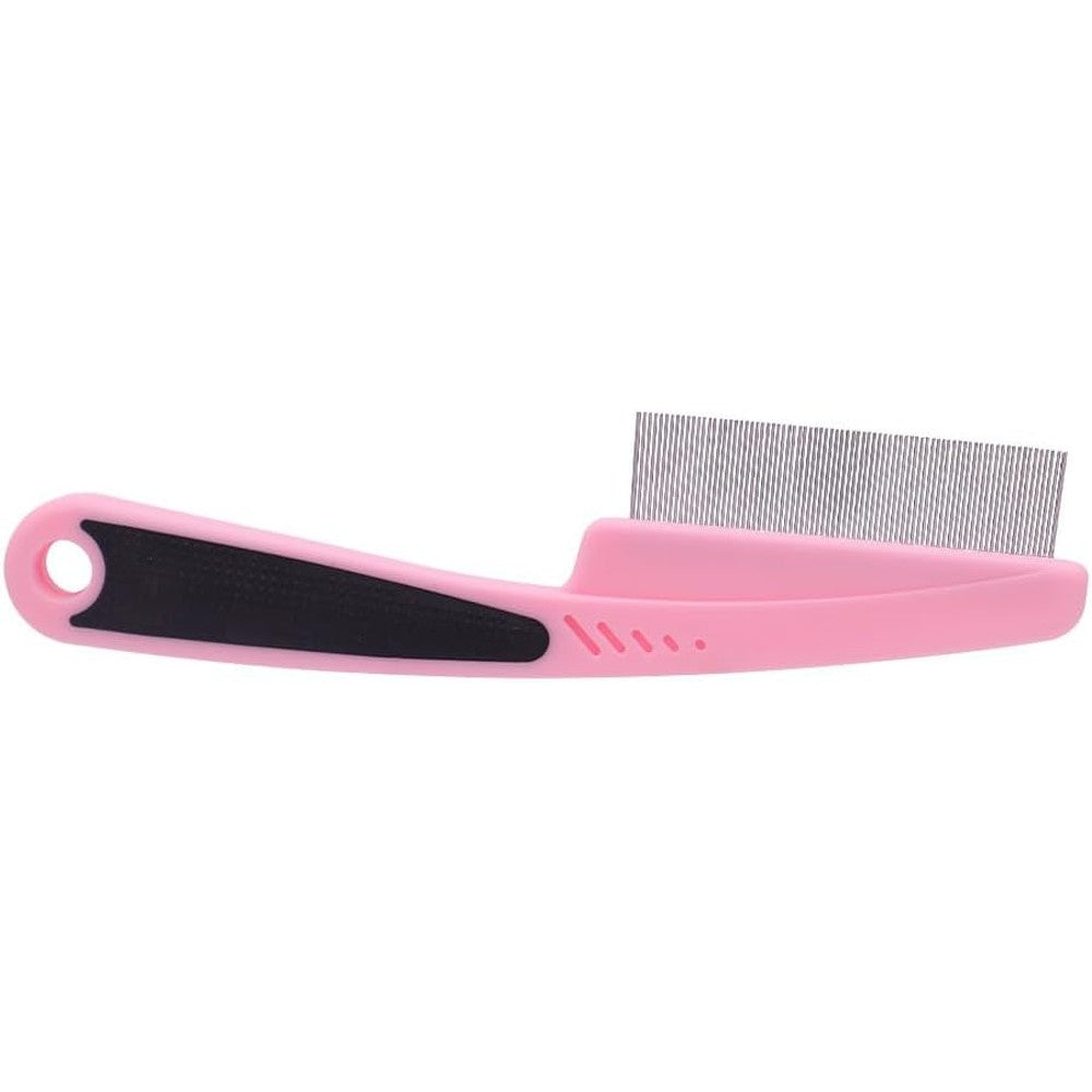 Emily Pets pet flea comb front view showcasing the pink anti-slip handle and stainless steel grooming teeth.