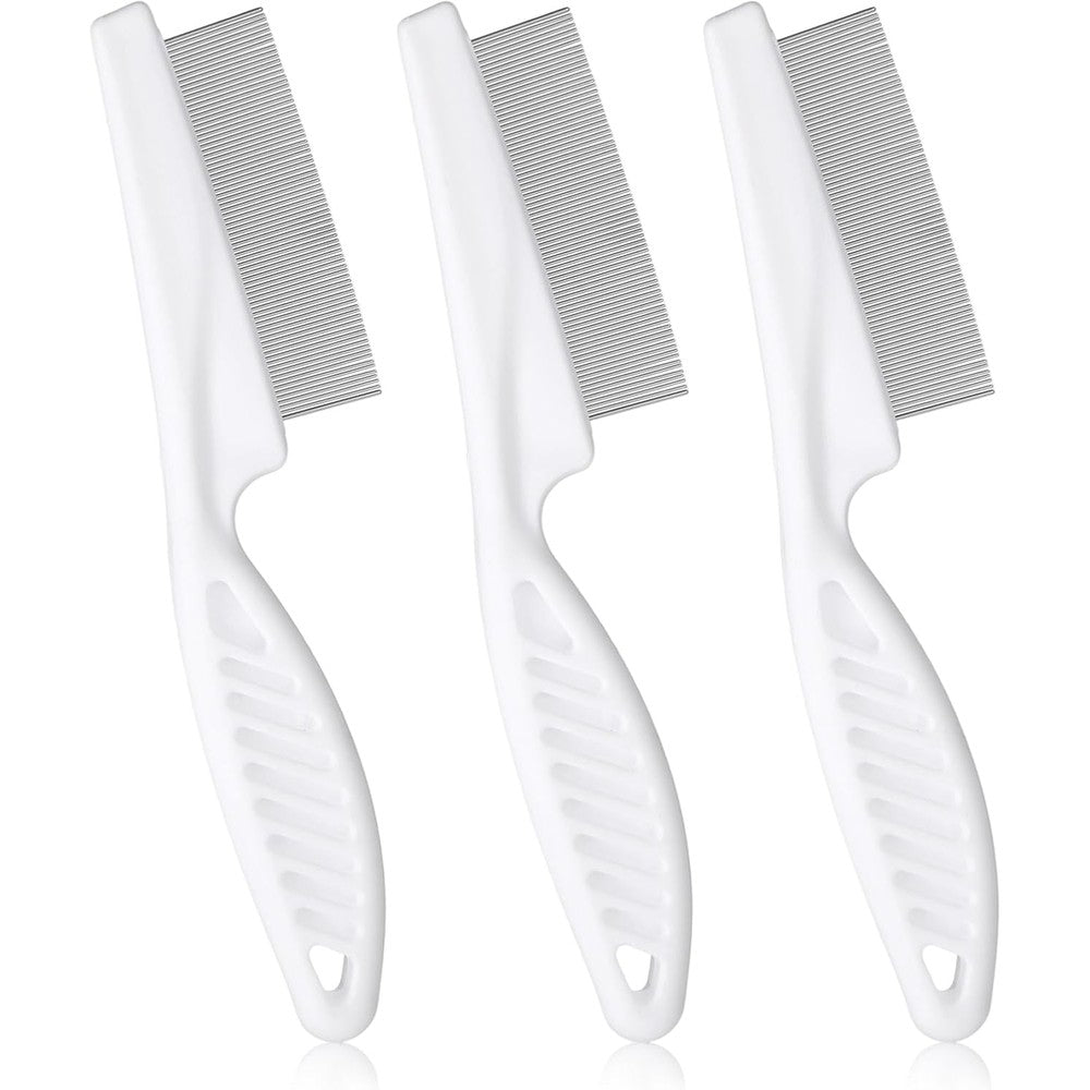 Infinite Paradise flea comb three pack front view showing white handles and fine stainless steel teeth