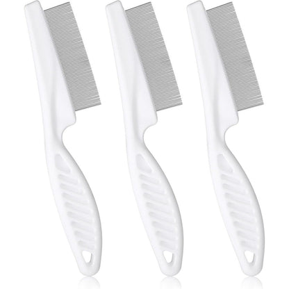Infinite Paradise flea comb three pack front view showing white handles and fine stainless steel teeth