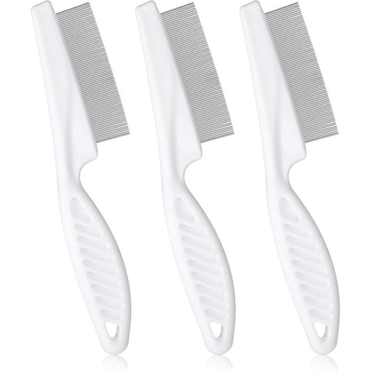 Infinite Paradise flea comb three pack front view showing white handles and fine stainless steel teeth