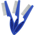 Cionyce flea comb for dogs and cats front view showing three blue grooming tools.