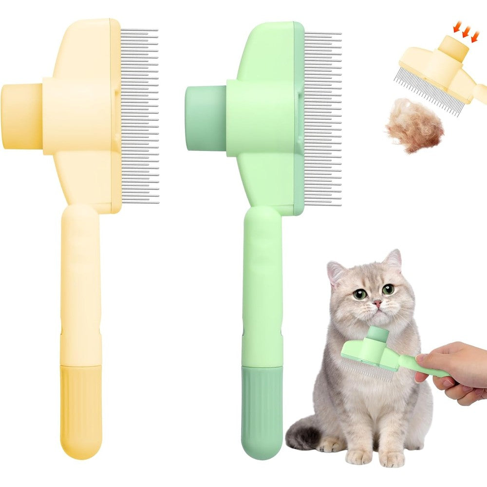 Botou self cleaning pet flea comb front view showcasing the yellow and green grooming tool.