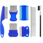 Yolev 7 Pack Flea Comb front view showcasing the complete set of stainless steel and plastic pet grooming brushes.