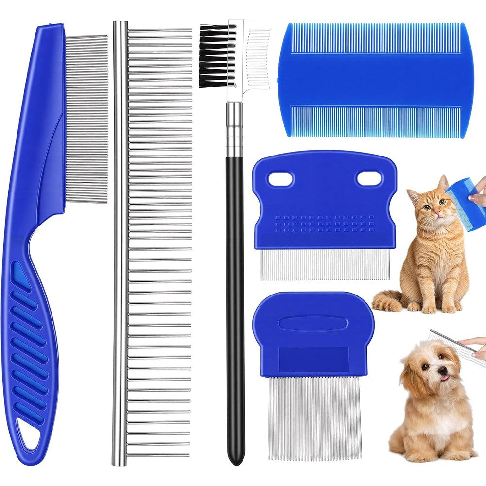 Psiriol 6 Pack Flea Comb pet grooming kit front view featuring six blue professional combs for cats and dogs.