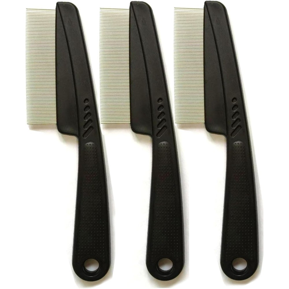 KEAIYYJ pet flea comb three pack front view showing stainless steel fine teeth and black rubber grip handles