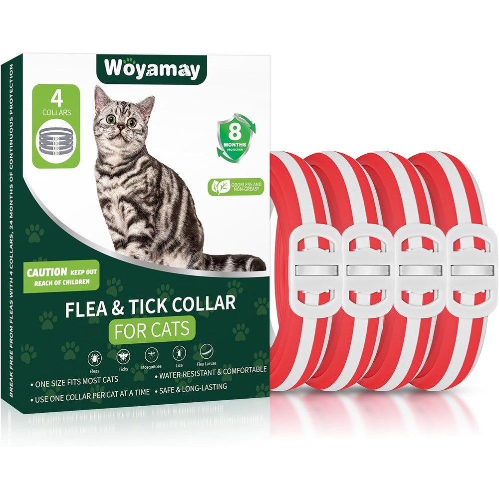 Weallin Woyamay Flea And Tick Collar For Cats 4 Pack 32 Months Continuous Protection Waterproof Adjustable Red And White Stripes