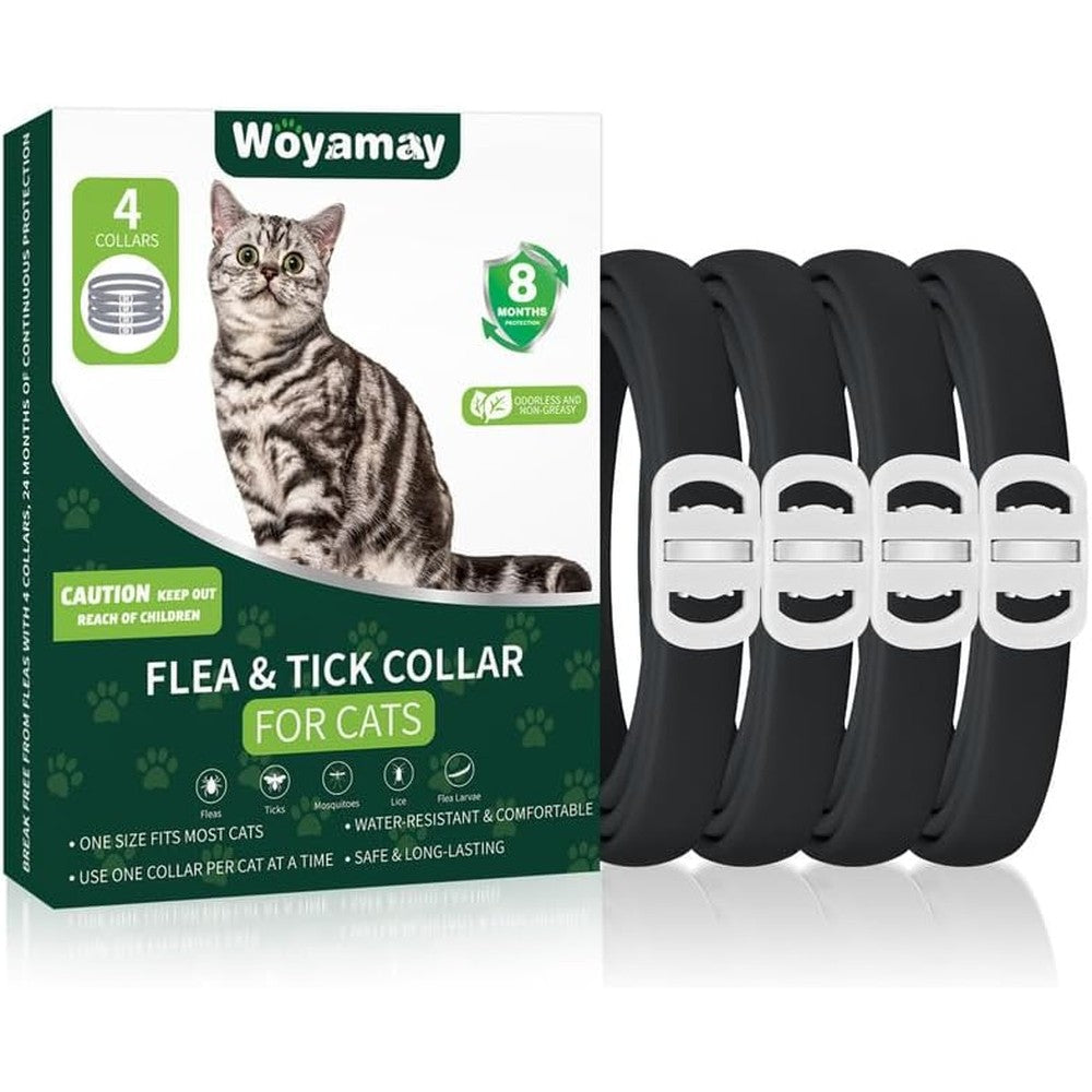 Weallin 4 Pack Flea And Tick Collar For Cats, 32-Month Waterproof And Adjustable Flea Prevention Treatment For Cats And Kittens, Black