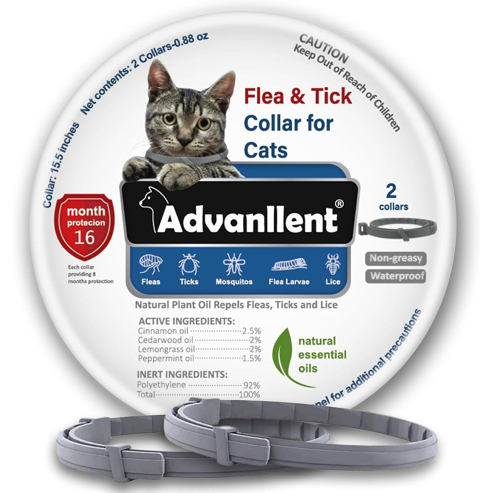 Advanllent Flea And Tick Collar For Cats And Kittens Natural Essential Oil Treatment Prevention 2 Pack 16 Months Protection Waterproof One Size
