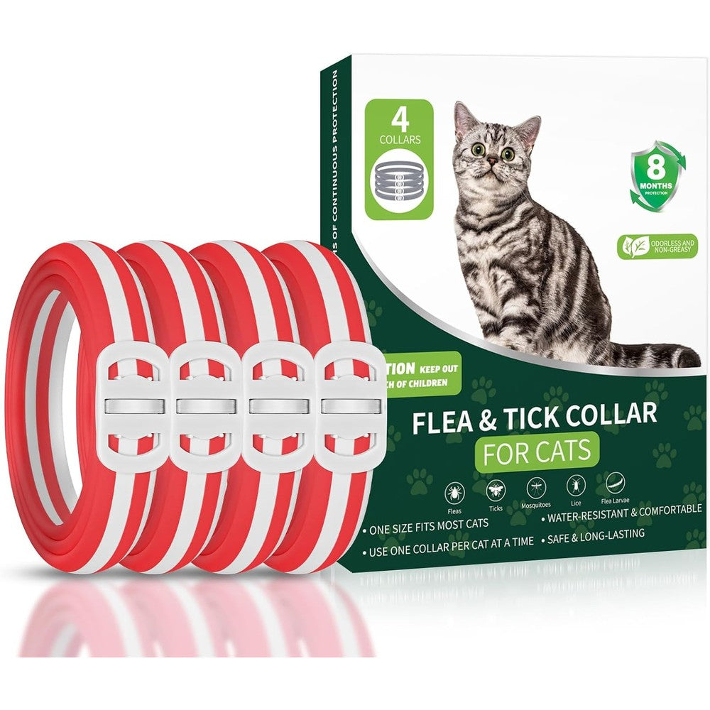 Weallin 4 Pack Cat Flea And Tick Collar 32 Months Continuous Protection Waterproof Adjustable Pest Prevention Red And White