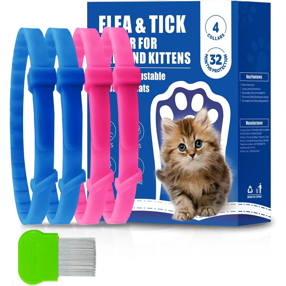 Routade 4 Pack Flea And Tick Collar For Cats Natural Plant Oil Formula Waterproof Adjustable Cat Protection Collars Including Grooming Comb