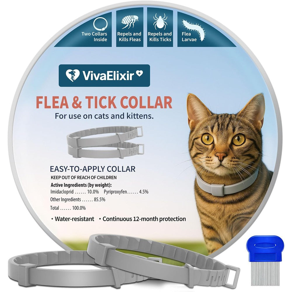 VivaElixir Flea And Tick Collar For Cats 2 Pack 12 Months Of Protection With Premium Plant Based Essential Oils And Free Flea Comb