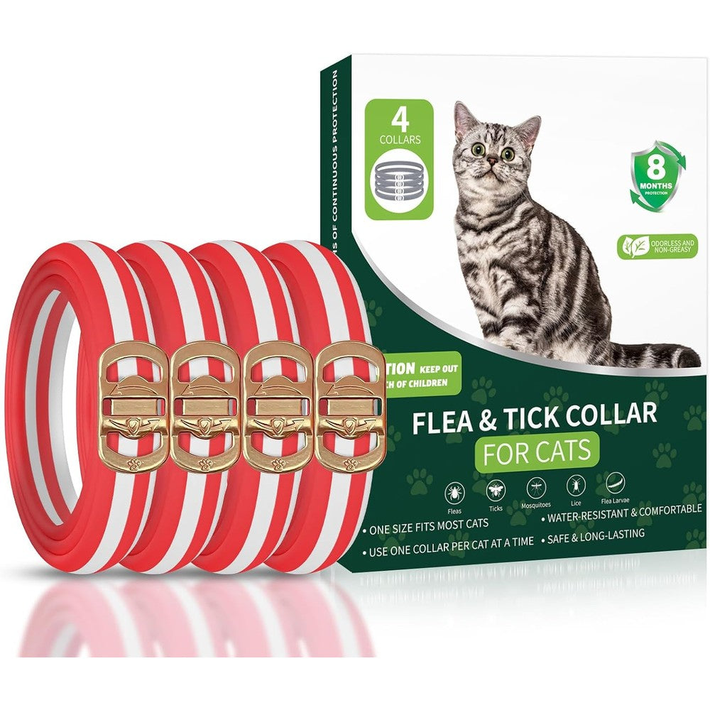 Weallin Flea Collar For Cats 4 Pack 32 Months Flea And Tick Prevention Adjustable Waterproof Cat Treatment Collar Red And White Stripe Design