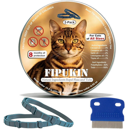Monipgu Natural Flea And Tick Repellent Collar For Cats, Waterproof Protection For 8 Months, Includes Grooming Comb, One Size Fits All, 2 Pack
