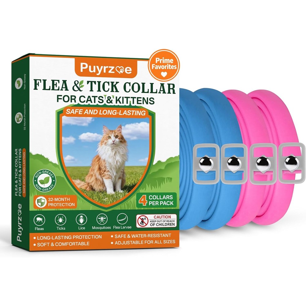 Puyrzoe Flea And Tick Prevention Collar For Cats And Kittens 4 Pack Natural Botanical Formula With 32 Months Continuous Protection Waterproof Adjus...
