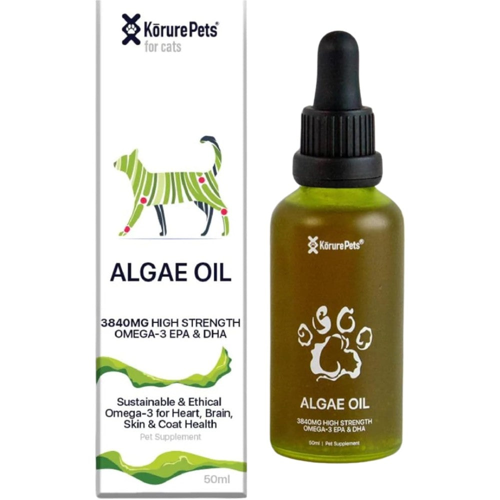Korure Pets Omega 3 Algae Oil for cats 50ml bottle front view showing the premium vegan pet supplement packaging.