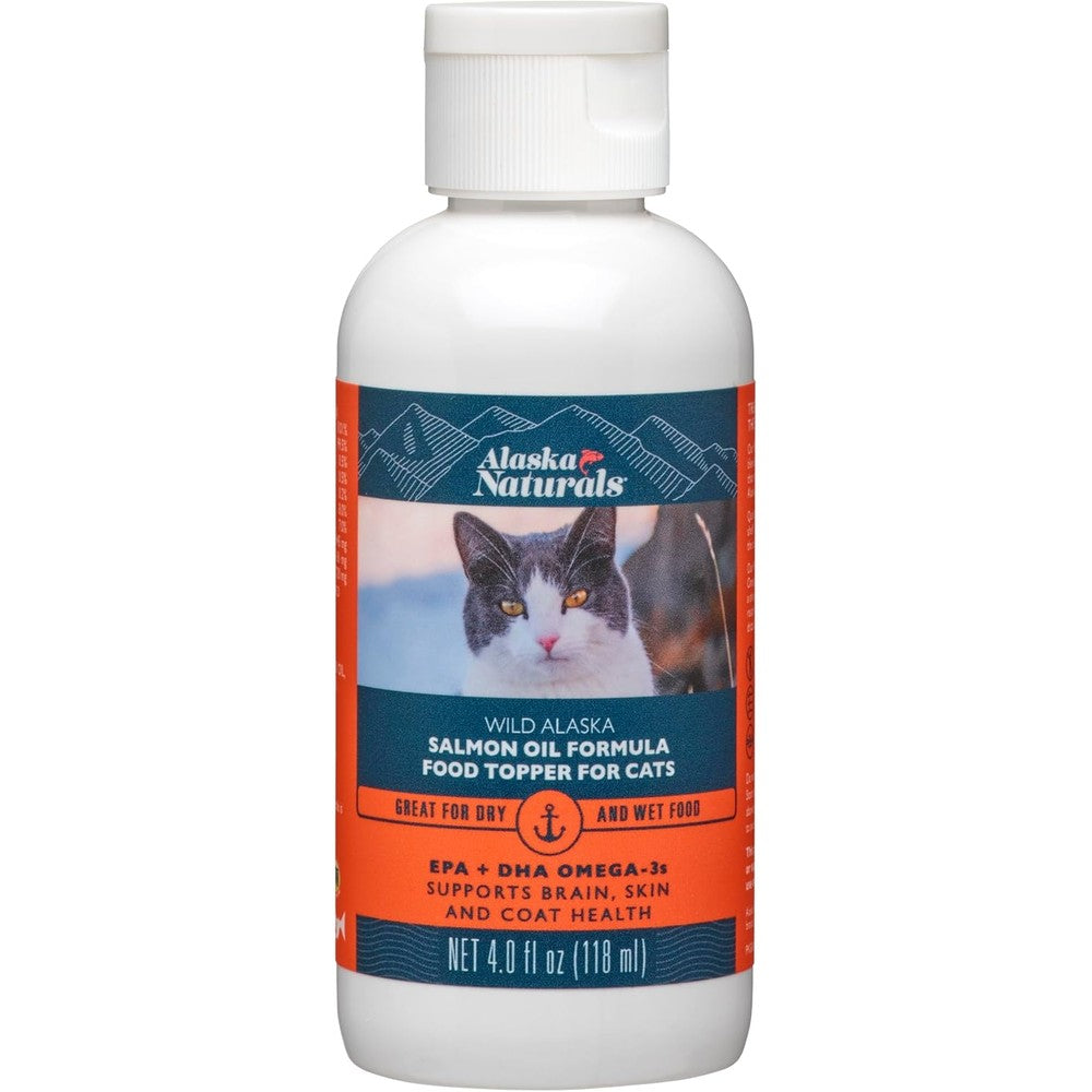 Alaska Naturals Wild Alaska Salmon Oil Formula Cat Food Topper 4 Ounce front view bottle showing premium feline liquid supplement.