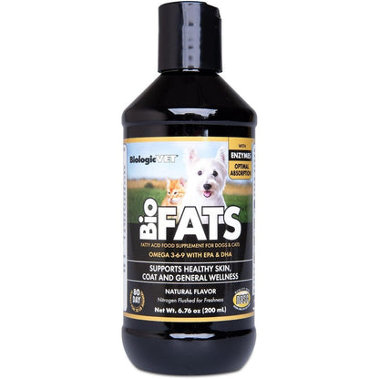 BiologicVET BioFATS liquid supplement front view showing authentic packaging for pets.